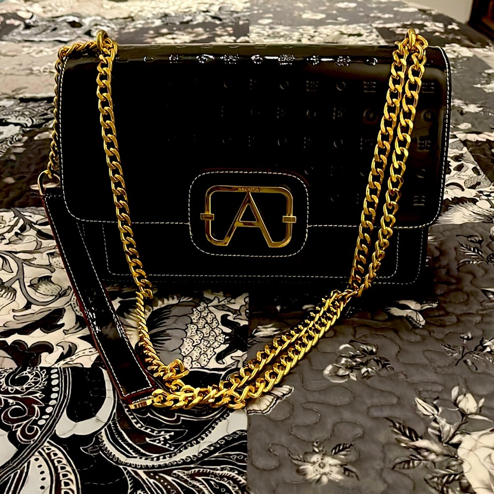 Stunning Patten leather. Shiny Dark Gray Arcadia Bag. Dust bag included.